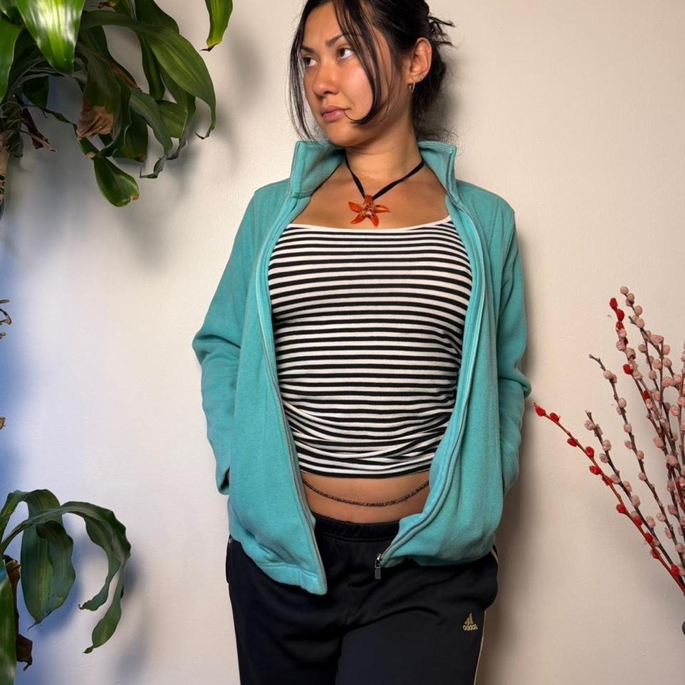 Kirkland Signature Mint Aqua Teal High Neck Cotton Zip Up Sweater Large